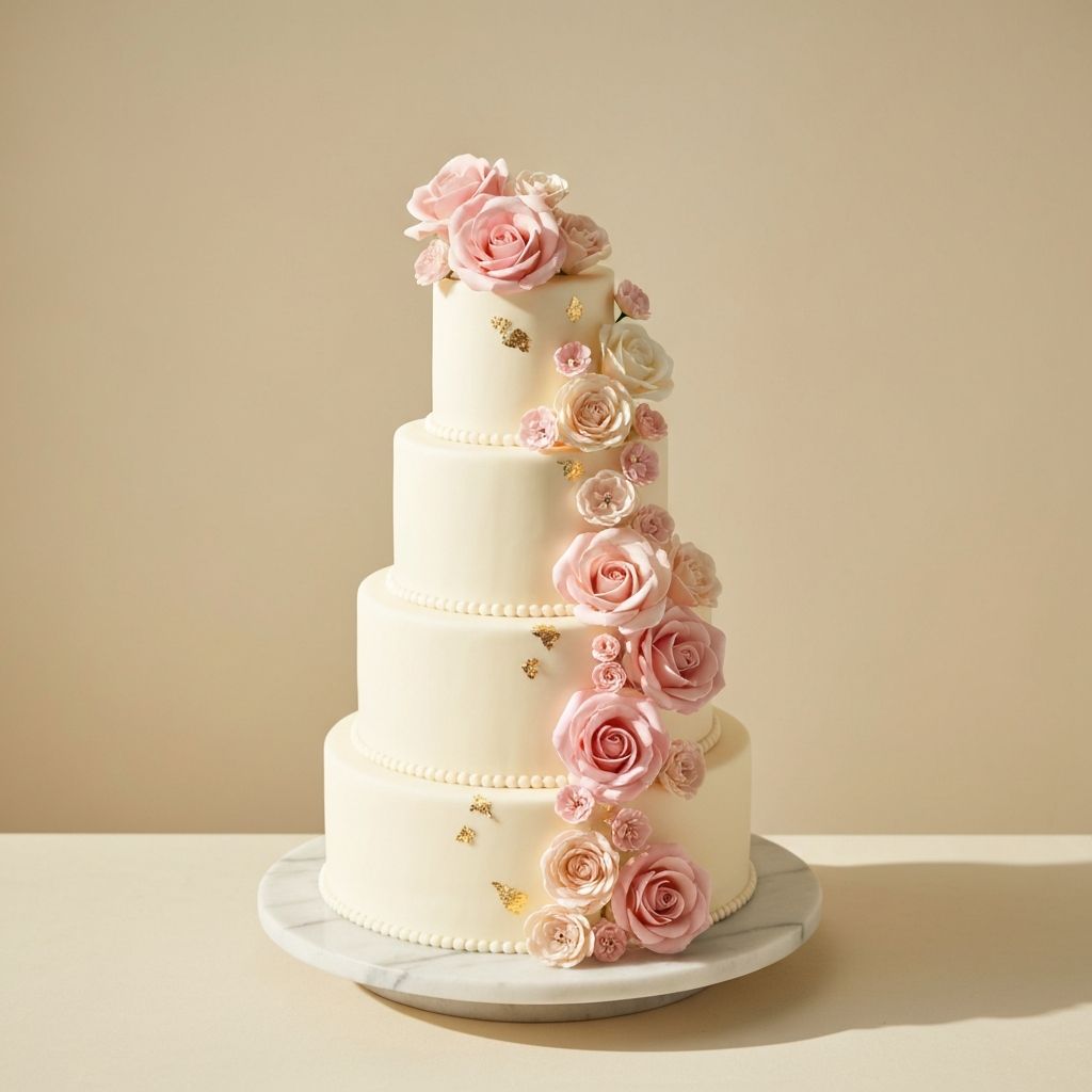 Elegant four-tiered wedding cake with cascading roses