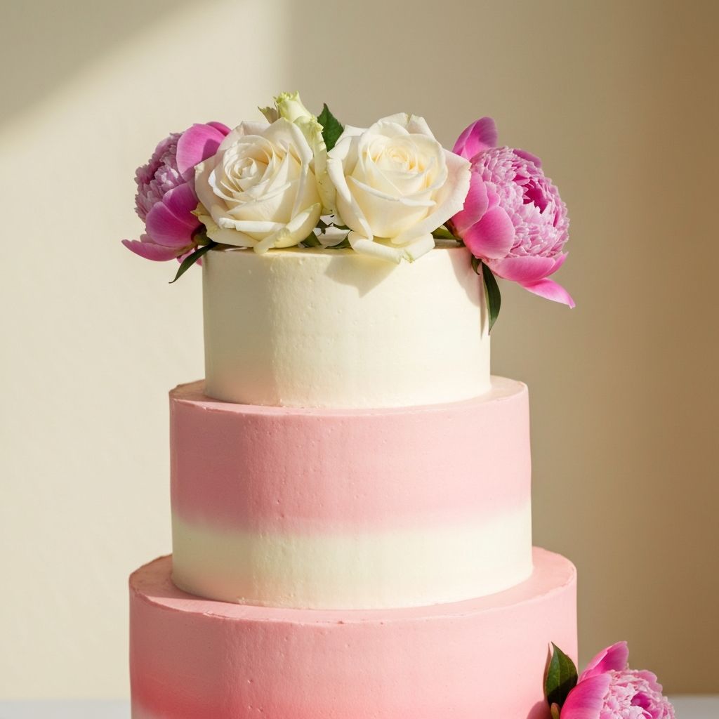 Ombre pink buttercream cake with fresh flowers