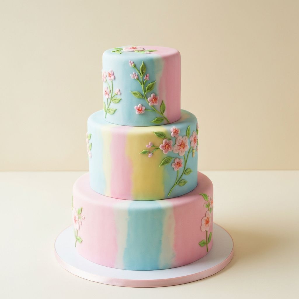 Watercolor effect pastel cake with hand-painted details